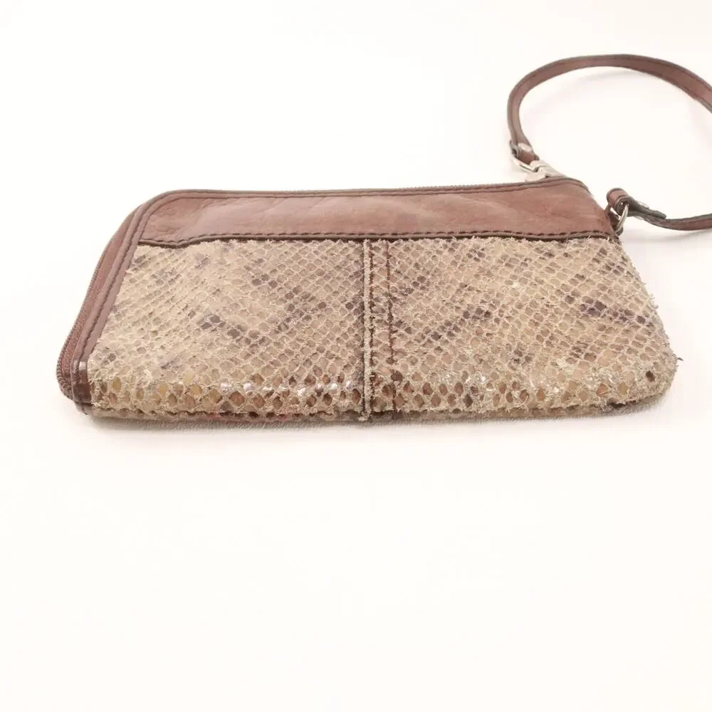 Vtg Fossil Wristlet Handbag Women Mini Brown Snakeskin Leather Purse Bag